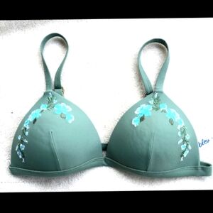Sandy blue green padded bikini bra with embroidery detail, size M
